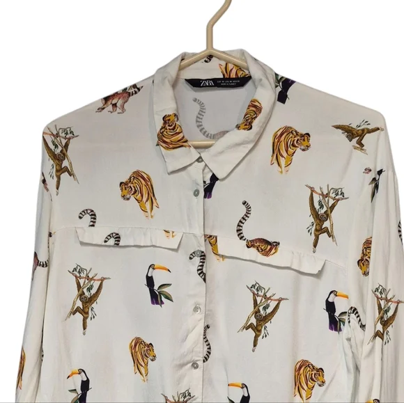 Zara Animal Print Cropped Blouse Top Button Up Medium - Picture 2 of 11